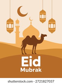 this illustration beautifully depicts an eid mubarak scene with a camel, mosque, and crescent moon, radiating warmth and festive spirit. high-quality