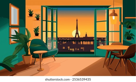 Esta ilustración encapsula maravillosamente la esencia de un interior de casa parisino al anochecer. El escenario presenta Grandes ventanas abiertas que enmarcan la icónica Torre Eiffel bañada por el cálido sol poniente