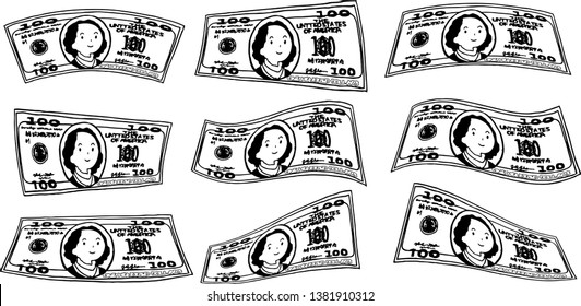 This is an illustration of a bent $ 100 US banknote.