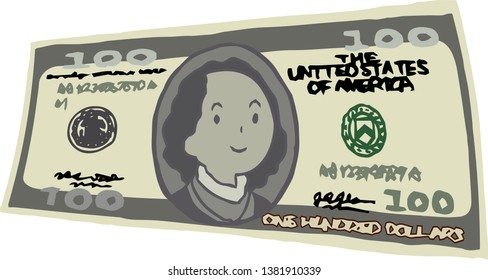 This is an illustration of a bent $ 100 US banknote.