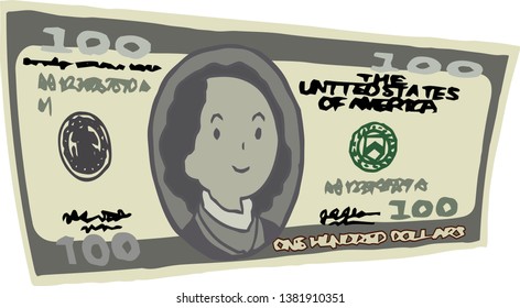 This is an illustration of a bent $ 100 US banknote.