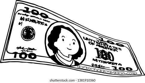 This is an illustration of a bent $ 100 US banknote.