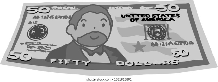 This is an illustration of a bent $ 50 US banknote.