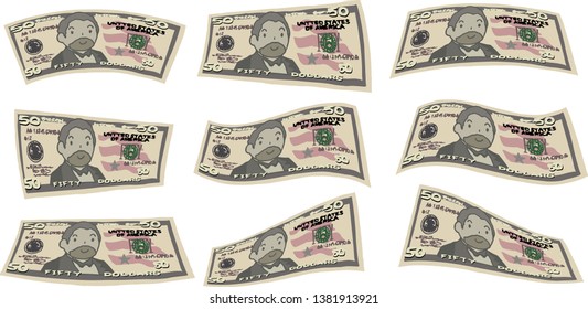 This is an illustration of a bent $ 50 US banknote.