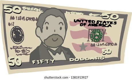 This is an illustration of a bent $ 50 US banknote.