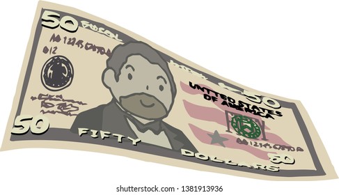 This is an illustration of a bent $ 50 US banknote.