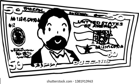 This is an illustration of a bent $ 50 US banknote.