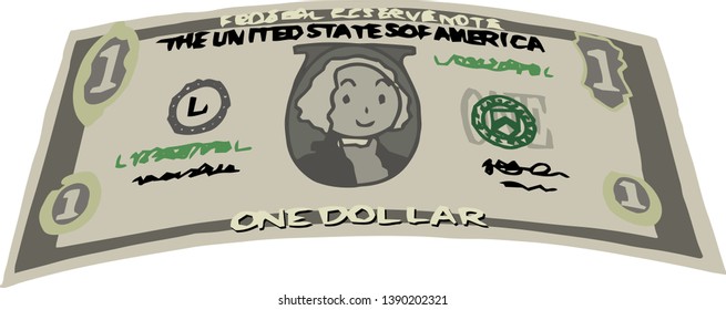 This is an illustration of a bent one dollar US banknote.