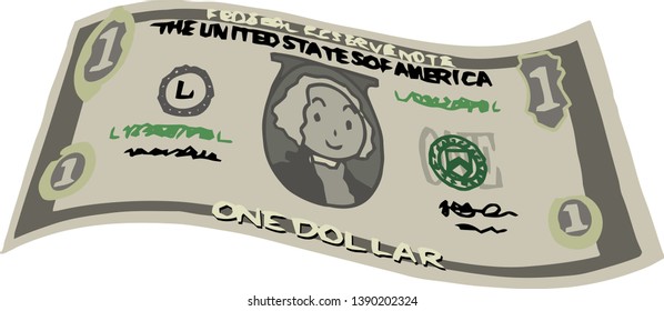 This is an illustration of a bent one dollar US banknote.
