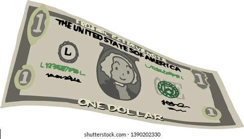 This is an illustration of a bent one dollar US banknote.