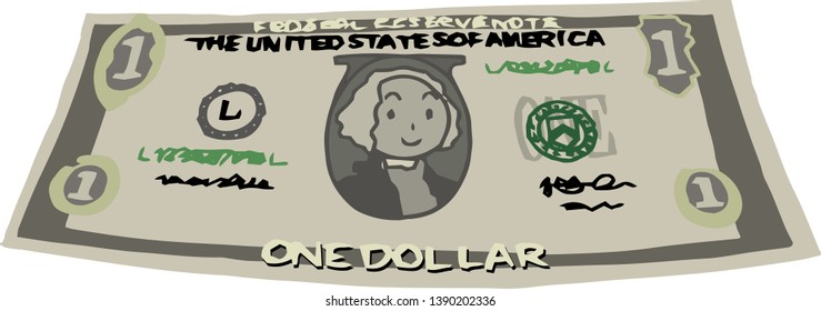 This is an illustration of a bent one dollar US banknote.