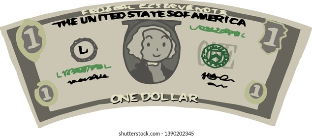 This is an illustration of a bent one dollar US banknote.