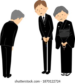 This is an illustration of a bereaved family and attendees bowing.