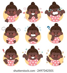This is an illustration of a black child with various facial expressions. It has an analog touch as if drawn with crayons.