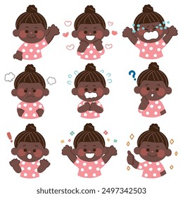 This is an illustration of a black child with various facial expressions. It has an analog touch as if drawn with crayons.