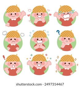 This is an illustration of a blond boy with various facial expressions. It is an analog touch as if drawn with crayon.