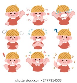 This is an illustration of a blond boy with various facial expressions. It is an analog touch as if drawn with crayon.