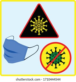 This is an illustration of a Blue mouth mask with Viruses Object. Green, Yellow, Red, Black Solid Color. Light Background. Stock vector icon.