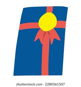 Esta es una ilustración de una caja de regalo vertical azul con una medalla amarilla y cinta roja. El color principal es el azul intenso, lo que da la imagen de un regalo algo masculino.