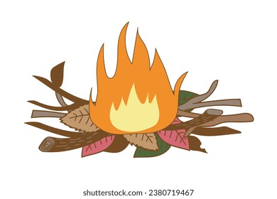 This is an illustration of a bonfire with fallen leaves and tree branches.