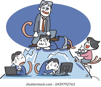 This is an illustration of a boss looking down on his subordinates like a mountain of monkeys.