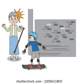 This is an illustration of a boy wearing protective protectors on his elbows, knees and head, jumping out in front of a passerby's grandmother while practicing skateboarding.