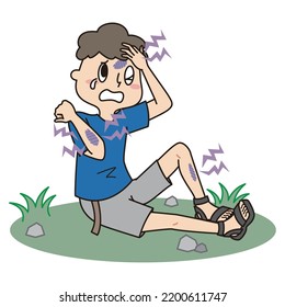 This is an illustration of a boy who fell and was bruised at a campsite where he was visiting.