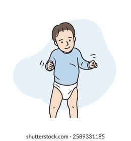 This is an illustration of a boy who is practicing his steps while wearing a diaper.