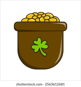 This is an illustration of a brown pot filled with gold coins, adorned with a green clover leaf. It symbolizes good fortune, wealth, and Irish culture, often linked to St. Patrick's Day.