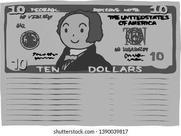 This is an illustration of a bunch of $ 10 US banknotes.