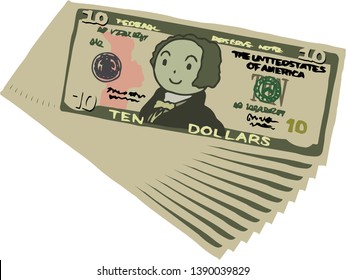 This is an illustration of a bunch of $ 10 US banknotes.