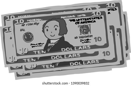 This is an illustration of a bunch of $ 10 US banknotes.