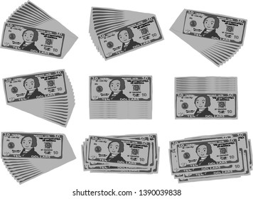 This is an illustration of a bunch of $ 10 US banknotes.