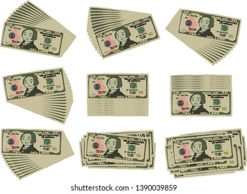 This is an illustration of a bunch of $ 10 US banknotes.