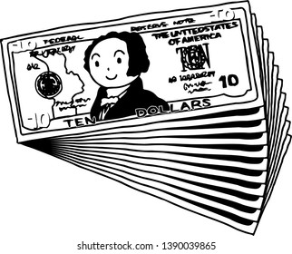 This is an illustration of a bunch of $ 10 US banknotes.