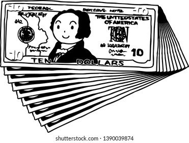 This is an illustration of a bunch of $ 10 US banknotes.