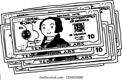 This is an illustration of a bunch of $ 10 US banknotes.