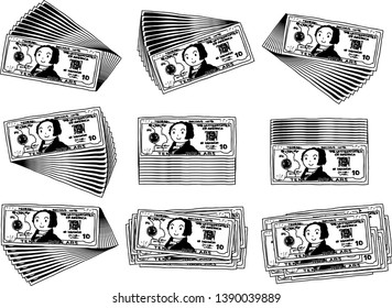 This is an illustration of a bunch of $ 10 US banknotes.