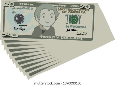 This is an illustration of a bunch of $ 20 US banknotes.