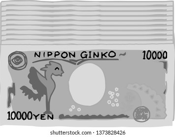This is an illustration of a bunch of cute Japan 10000 yen bills on the back side.