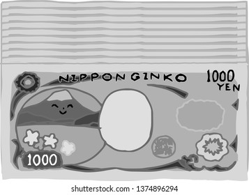 This is an illustration of a bunch of cute Japan 1000 yen bills on the back side.