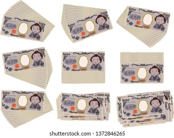 This is an illustration of a bunch of cute Japanese 5000 yen bills.