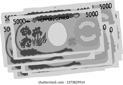 This is an illustration of a bunch of cute Japanese 5000 yen bills on the back side.