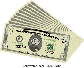 This is an illustration of a bunch of five dollar US banknotes.