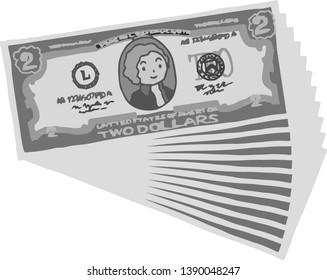 This is an illustration of a bunch of two dollar US banknotes.