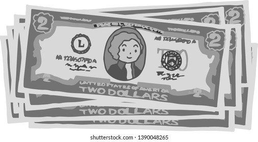 This is an illustration of a bunch of two dollar US banknotes.