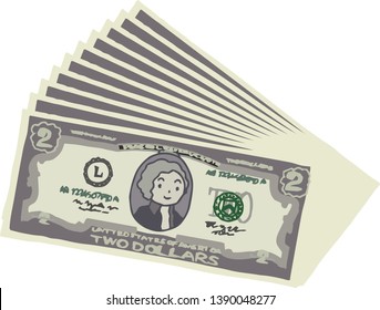This is an illustration of a bunch of two dollar US banknotes.