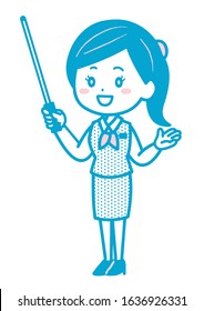 This is an illustration of a business woman who introduces her with an instruction stick. Vector image.