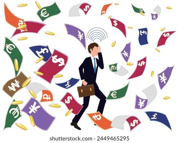 Esta es una ilustración de un hombre de negocios negociando trabajo usando un teléfono móvil. No.