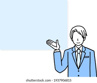 This is an illustration of a businessman in a suit with one hand raised giving directions.